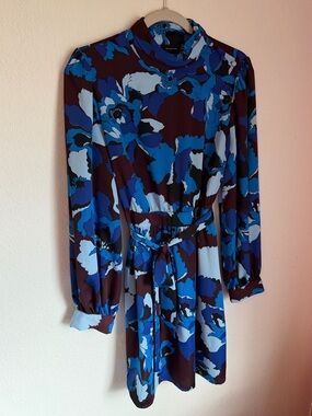 Who What Wear Blue Floral Print Long Sleeve High-Neck Dress